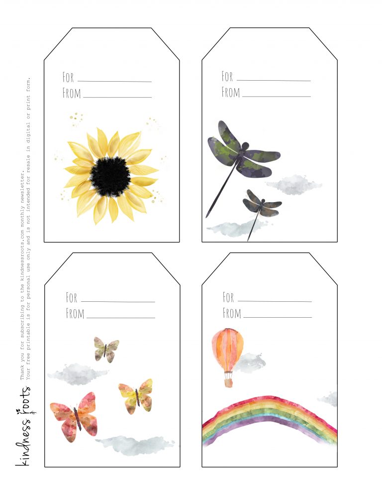 Watercolor art gift tags from Kindness Roots including a sunflower, dragonfly, butterfly, and rainbow.
