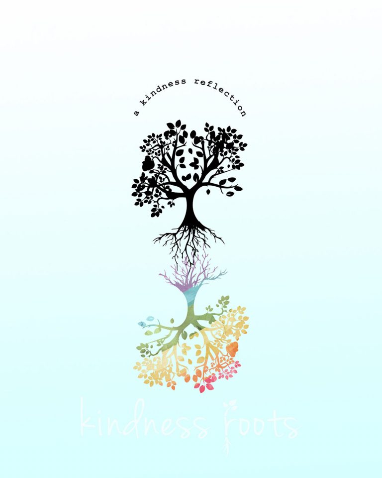 A tree's reflection is seen in rainbow colors with the words "a kindness reflection" in an arch above.