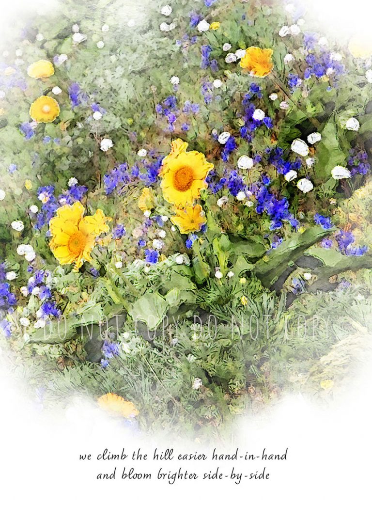 Watercolor blue and gold wildflowers cover a hill with text "we climb the hill easier hand-in-hand and bloom brighter side-by-side