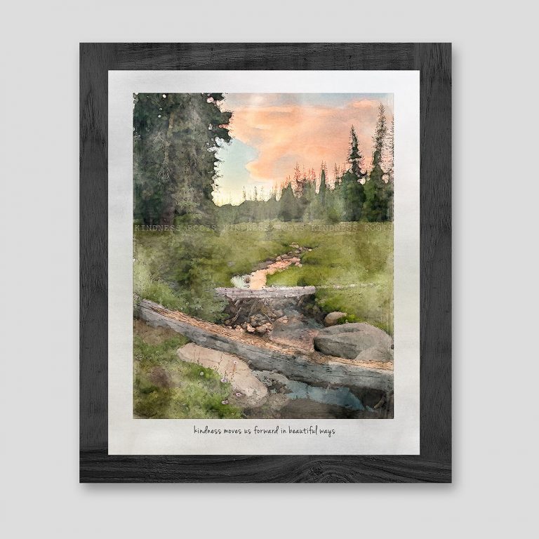A watercolor of a stream flowing through a meadow and reflecting a pink sunset with quote "kindness moves us forward in beautiful ways"