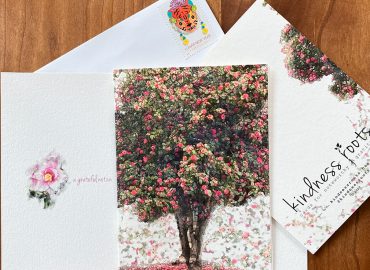 Gratitude card shown with front, back, and inside with camellia flower details and envelope with a Year of the Tiger stamp.